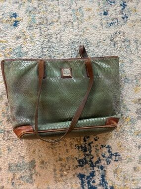 Vintage Dooney & Bourke Green Snake-Embossed Tote with Brown Trim and Straps